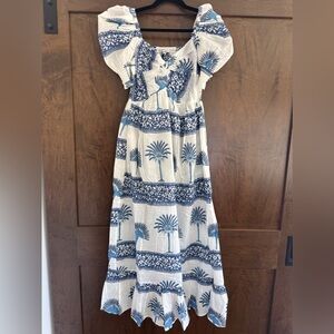 NWT Celina Moon Puff Sleeve Blue & White Palm Print Cotton Maxi Dress